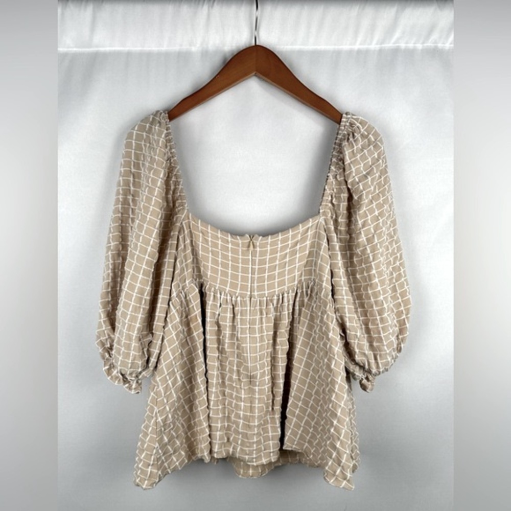 Storia Grid Print Puff Sleeve Babydoll Top - Picture 3 of 5